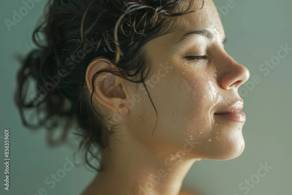 Fototapeta A close up of a woman after having a shower with her eyes closed looking to a side