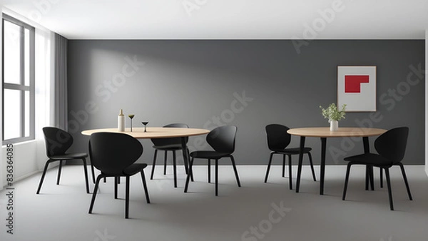 Fototapeta Sleek and modern conference room with sophisticated black chairs, wooden tables, and minimalistic decor for a professional corporate setting