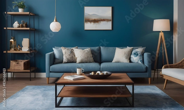 Obraz Chic contemporary living room featuring a blue sofa, wooden furnishings, and a cohesive color scheme with stylish decorative accents