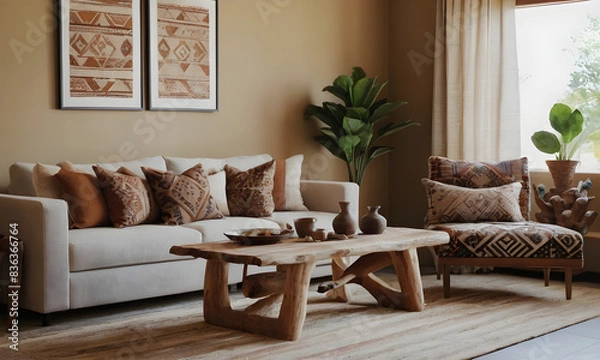 Fototapeta Warm and inviting living room featuring ethnic patterned cushions, wooden furniture, and a large plant beside a sunlit window