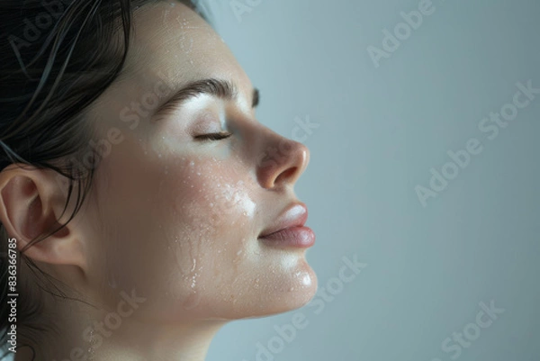 Fototapeta A close up of a woman after having a shower with her eyes closed looking to a side
