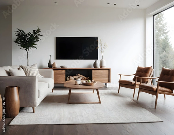 Fototapeta Spacious minimalist living room with stylish furniture, clean lines, and a neutral color palette promoting a serene and elegant atmosphere