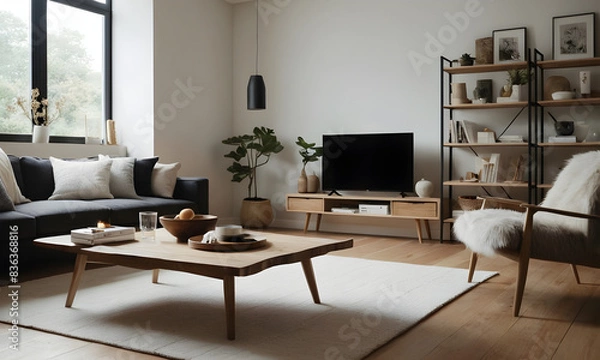 Fototapeta Inviting and relaxing contemporary living room with neutral tones, comfortable seating, and stylish home decor