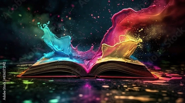 Fototapeta open magic knowledge book bursting with colorful acrylic paint splashes, on black table background for overlay. pure imagination concept