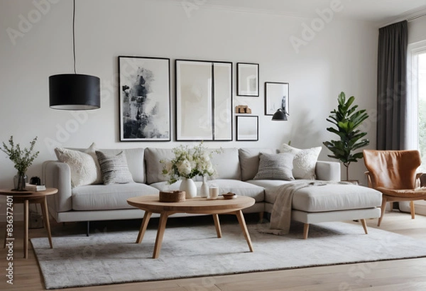 Fototapeta Stylish and modern living room with neutral tones, chic furniture, wall art, and green plant accents