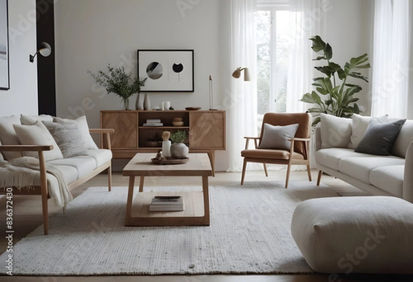 Fototapeta Modern and chic living room with cozy wooden furniture, soft textiles, and elegant decor in a neutral color scheme