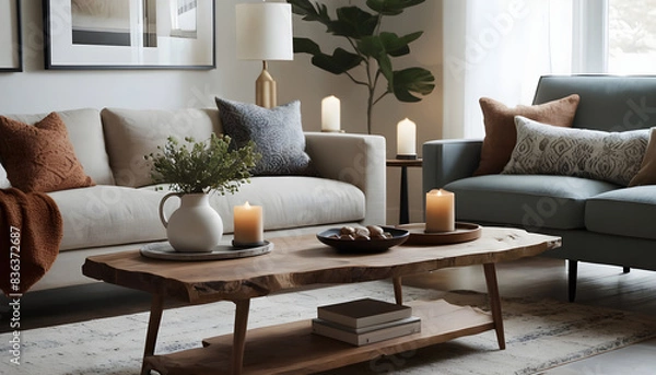 Fototapeta Elegant and warm living room design featuring a wooden coffee table, candles, potted plant, and comfortable sofas with decorative pillows