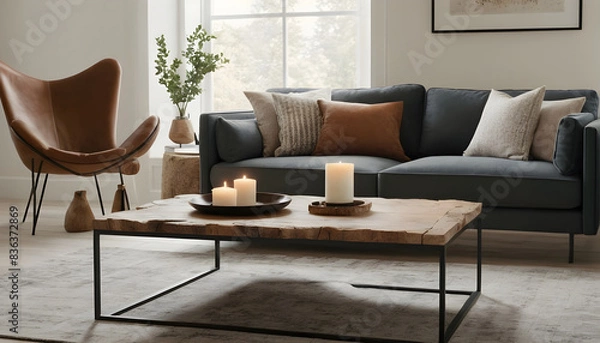 Fototapeta Stylish and modern living room design with a cozy couch, chic wooden coffee table, and ambient decorative candles