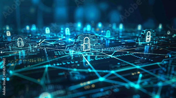 Fototapeta Visual depiction of a cyber security concept showcasing lock and key symbols binary code elements and network connections highlighting the importance of safeguarding digital assets