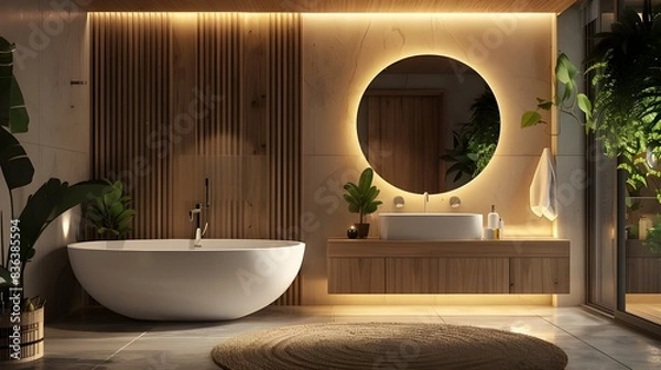 Obraz Modern bathroom with LED lighting, round mirror