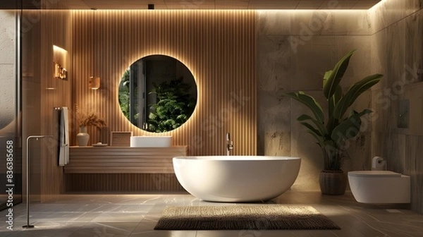 Obraz Modern bathroom with LED lighting, round mirror