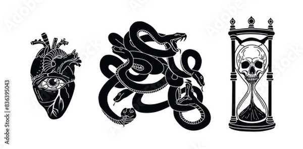 Fototapeta Set of mystical illustrations. Skull and time. Eye in the heart. Tangled snakes. Flat design. Vector graphics. Gothic theme. Mystical logo. Black silhouette. Gothic print