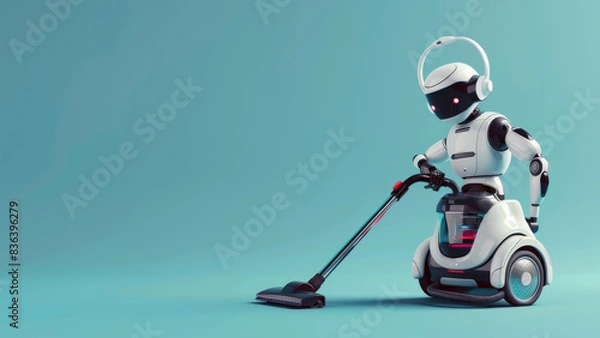 Fototapeta Futuristic Robot Vacuuming Floor with Advanced Cleaning Technology in Minimalist Setting

