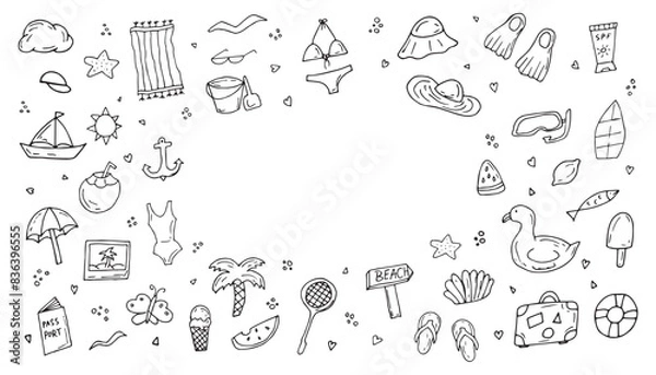 Fototapeta Summer hand-drawn drawings, elements for beach parties, recreation and travel. drawing on a white background. the art of doodling. black and white drawing. stickers. stickers. set.