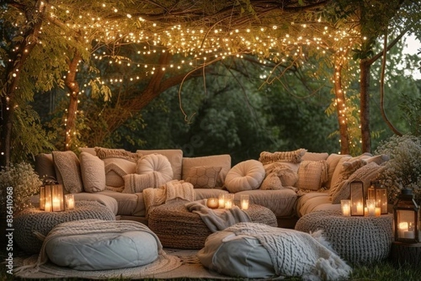 Fototapeta Boho glam outdoor lounge with plush seating and string lights.