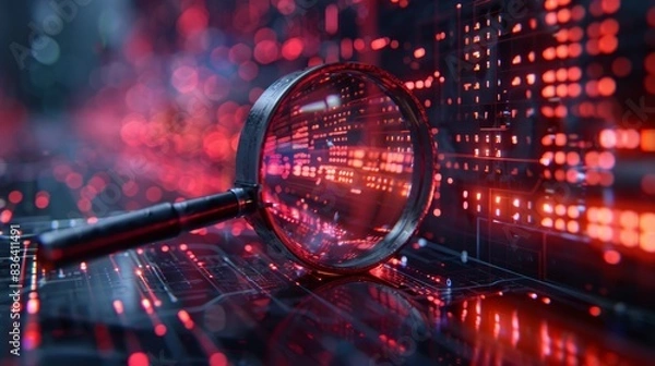 Obraz An analysis of data, search engine optimization, or SEO, a magnifier and graphs, an ultraviolet screen, and a neon screen for artificial intelligence.
