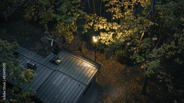 Fototapeta Motion sensor searchlight mounted on a metal rooftop to illuminate the backyard and its surroundings