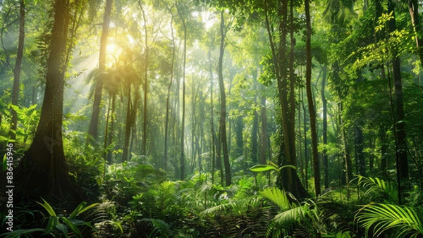 Fototapeta Sunlit Path Through Lush Green Forest with Dense Foliage and Stream


