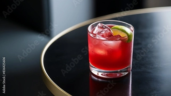 Fototapeta Red fresh cocktail with ice and lime on the black table selective focus