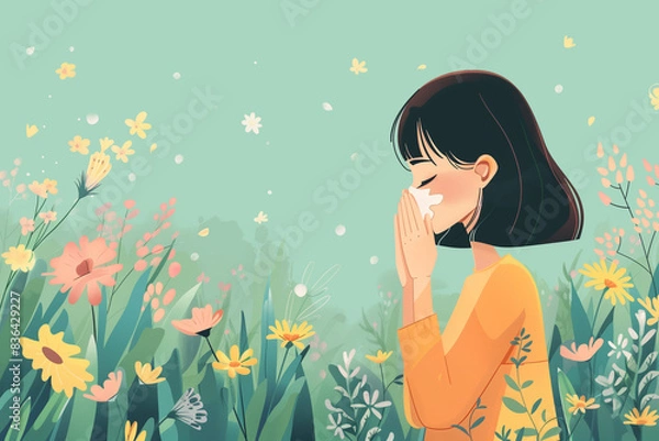 Fototapeta An illustration of a woman sneezing in a field of wildflowers, representing hay fever and seasonal allergies, with pollen visibly floating in the air