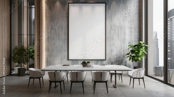 Fototapeta Blank white poster in black picture frame on wall with Clean meeting room, 3D rendering, mock up
