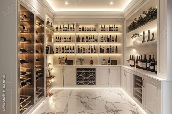 Obraz A sophisticated wine cellar with white shelving and soft lighting, displaying an extensive collection of fine wines. Interior background, house model