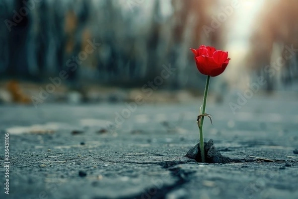 Fototapeta A small red flower grows out of a crack in the ground, surrounded by dry earth and debris