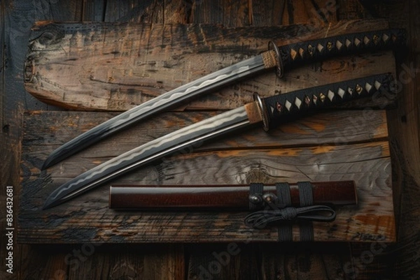 Fototapeta A pair of knives resting on a wooden surface, possibly for display or use