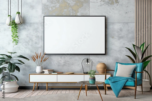 Fototapeta Modern living room with blank canvas on textured wall, colorful armchair, wooden table, and hanging plants; mockup