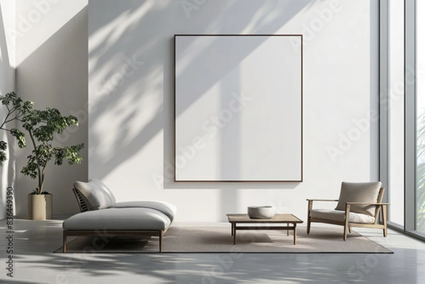 Fototapeta Modern minimalist room with a large blank frame, elegant furniture, natural light, and a tranquil atmosphere highlighting simplicity and sophistication; mockup