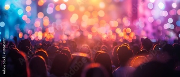 Fototapeta A vibrant crowd enjoys a concert with colorful stage lights and bokeh effects, capturing the high-energy atmosphere of live music.