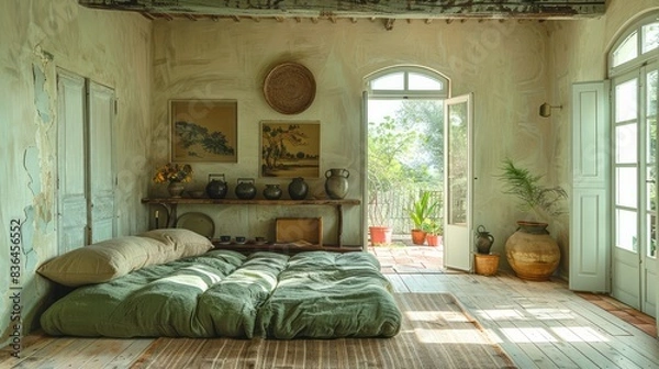 Fototapeta A mansion decorated in a luxurious minimalist style. There is a green luxury sofa. Warm light illuminates cotton and linen fabric.