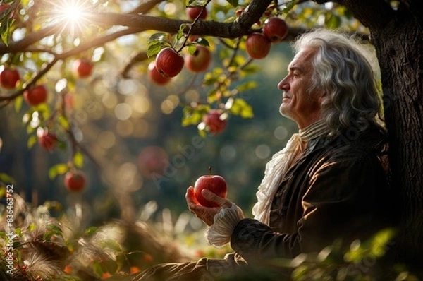 Fototapeta Isaac Newton under an Apple Tree, Holding an Apple, Contemplating His Theory, Reflecting on Physics, Science, and Genius.