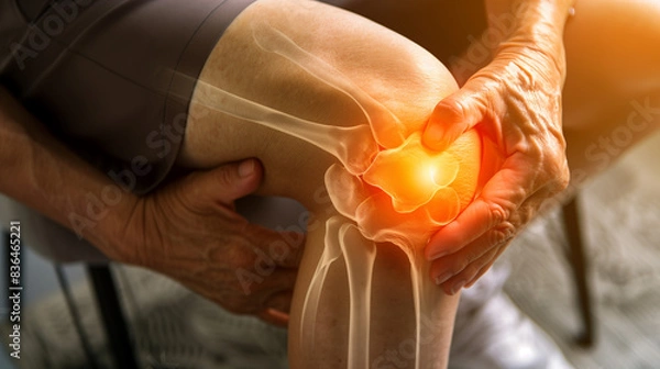 Fototapeta Senior Woman Holding Knee in Pain with Visible Bones and Highlighted Joint