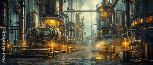 Fototapeta Chemical processing plant with automated systems and holographic safety protocols