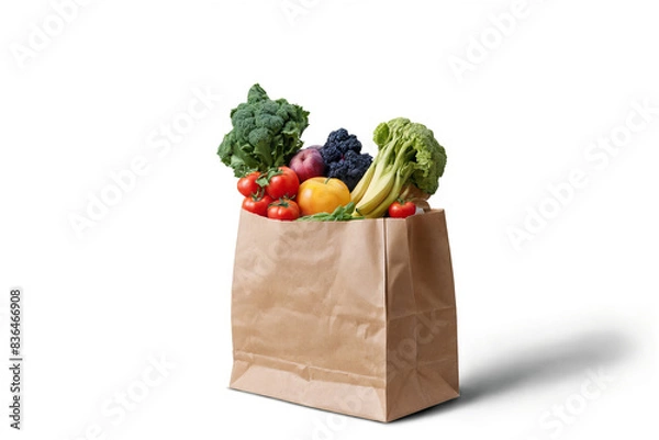 Fototapeta Paper grocery bag full of fresh produce against a transparent, white background, png format