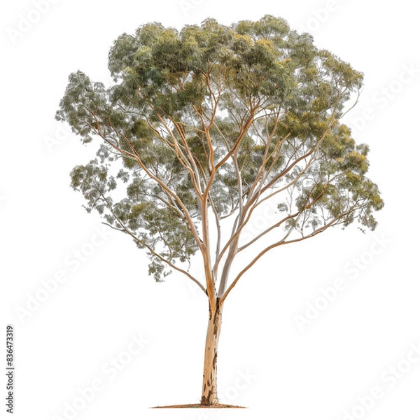 Fototapeta A slender eucalyptus tree with peeling bark and aromatic leaves, isolated on white background, capturing the essence of Australian landscapes