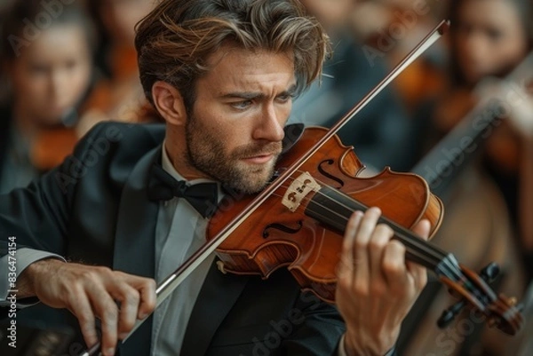 Fototapeta A focused symphony violinist in a formal black suit and bow tie passionately plays during a large orchestra performance, surrounded by fellow musicians