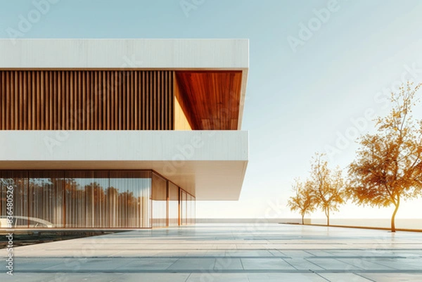 Obraz White Building on a blue sky backdrop.Modern concrete architecture.
