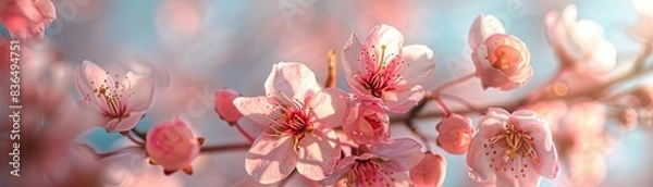 Fototapeta A blossoming cherry blossom tree against a clear blue sky , Emphasize the delicate petals in a soft, dreamy light
