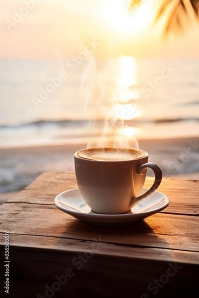 Fototapeta 3d rendering of a Steaming cup of coffee on a wooden table with a stunning beach sunset view in the background, capturing a serene and tranquil moment.