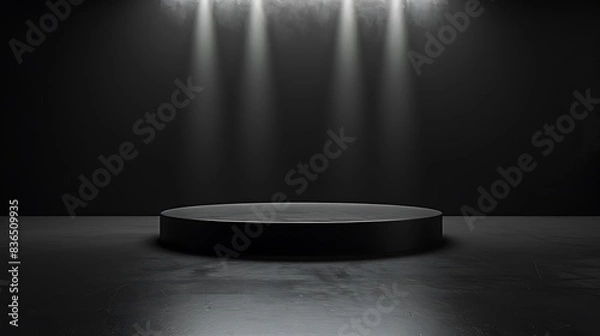 Fototapeta Modern podium background with sleek, minimalist design. Monochrome color scheme with soft spotlights illuminating the podium