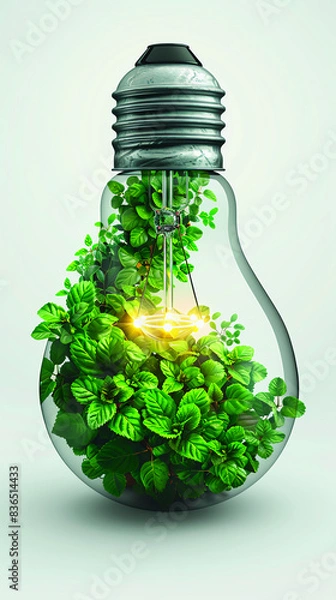 Fototapeta Simple green light bulbs and gears arranged in an array, representing innovation for energy company branding on white background