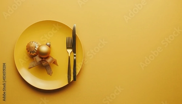 Fototapeta Festive New Year table on yellow background, top view plate and utensils with golden ball, stars, and pine branches in flat lay.