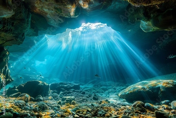 Fototapeta An underwater cave is illuminated by sunlight streaming through the water, casting a mesmerizing glow on the rocks within, creating a serene and enchanting scene.






