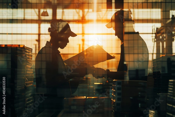 Fototapeta Customs clearance team reviewing shipment paperwork close up, focus on, copy space Organized and efficient atmosphere Double exposure silhouette with stamps and files.