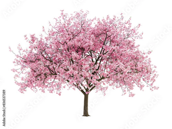 Obraz Beautiful blooming cherry blossom tree with vibrant pink flowers, isolated on white background, perfect for nature and floral designs.
