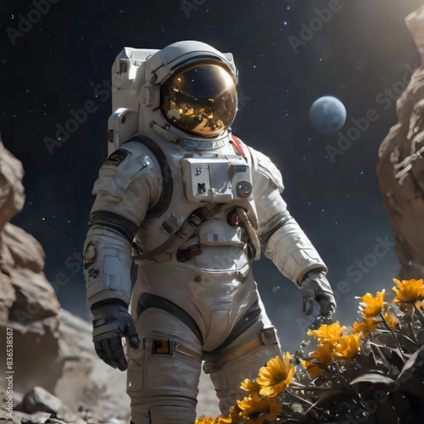 Fototapeta astronaut in a white spacesuit walking on a rocky surface