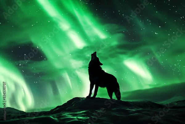 Fototapeta Wolf howling at a sky of Northern Lights light, creating a striking silhouette against the sky, ideal for a vacation travel wallpaper, in the north, near fjords