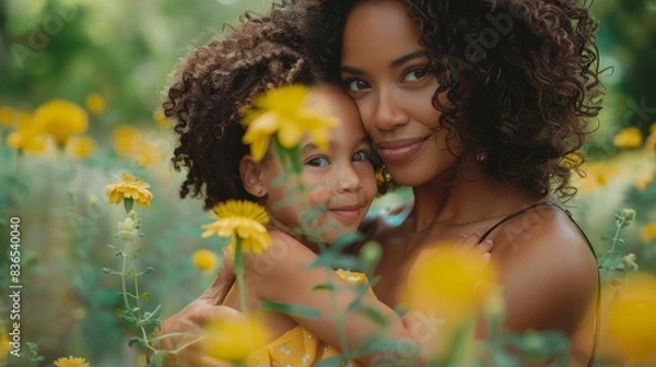 Fototapeta A woman and child in a field of yellow flowers. Generative AI.
